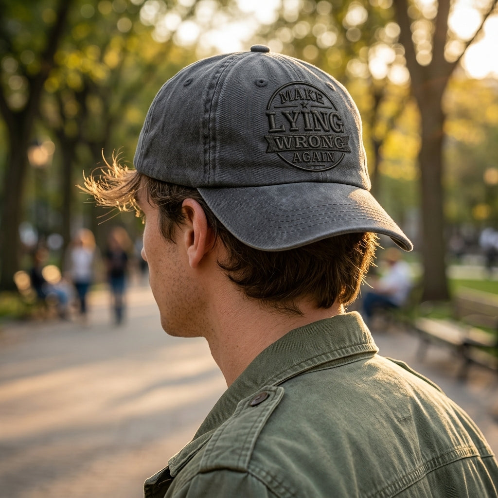 Person wearing a cap with text in a park setting