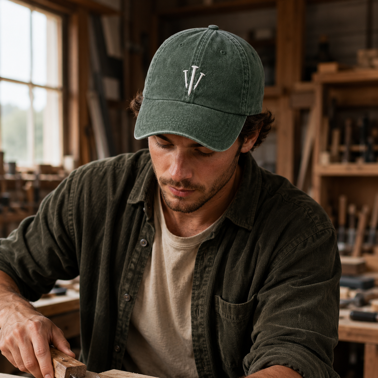 washed cotton cap featuring white embroidered carpenter three nails design
