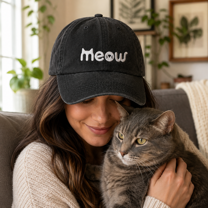 Meow Cat Washed Cap - Washed Cap - side view