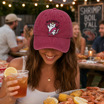 Woman smiling at a seafood boil gathering wearing a maroon washed baseball cap with an embroidered cartoon cat holding a crawfish