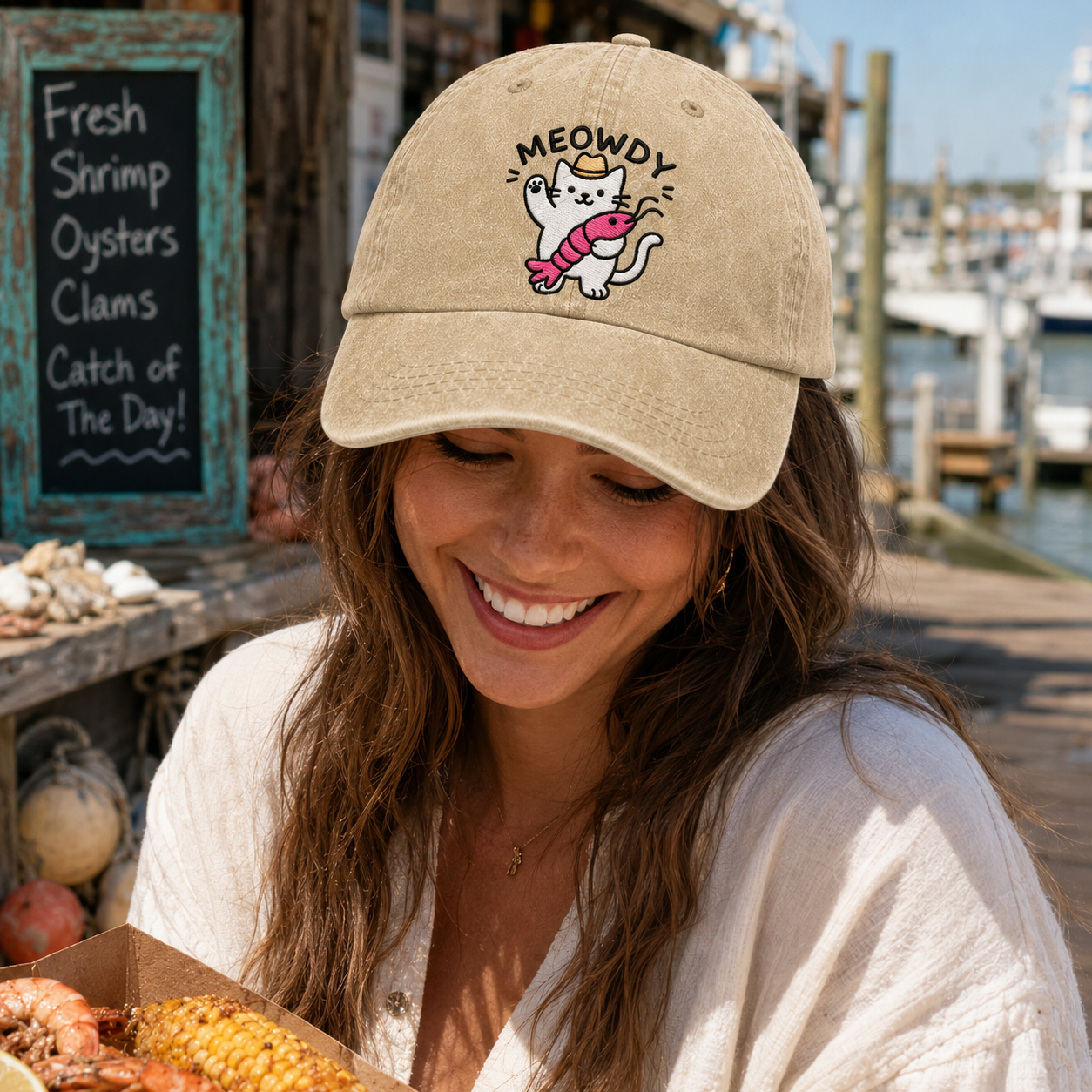 Smiling woman holding a seafood boil platter at a pier wearing a sand washed baseball cap with an embroidered cartoon cat holding a crawfish