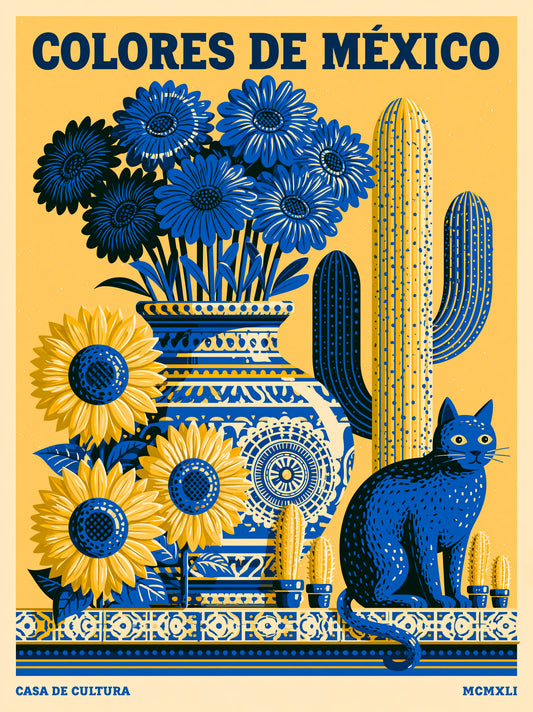 Mexique Chat Cactus Poster - Wall Art Decor - front view - mexican botanical cat poster, mexican cat wall art