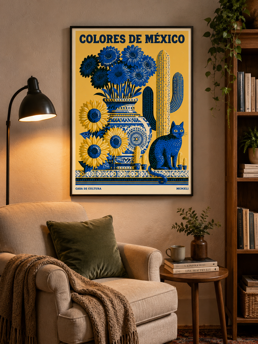 Cores do México Póster - Wall Art Decor - front view - mexican botanical cat poster, mexican cat wall art