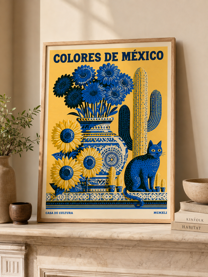 Cores do México Póster - Wall Art Decor - detail view - mexican botanical cat poster, mexican cat wall art