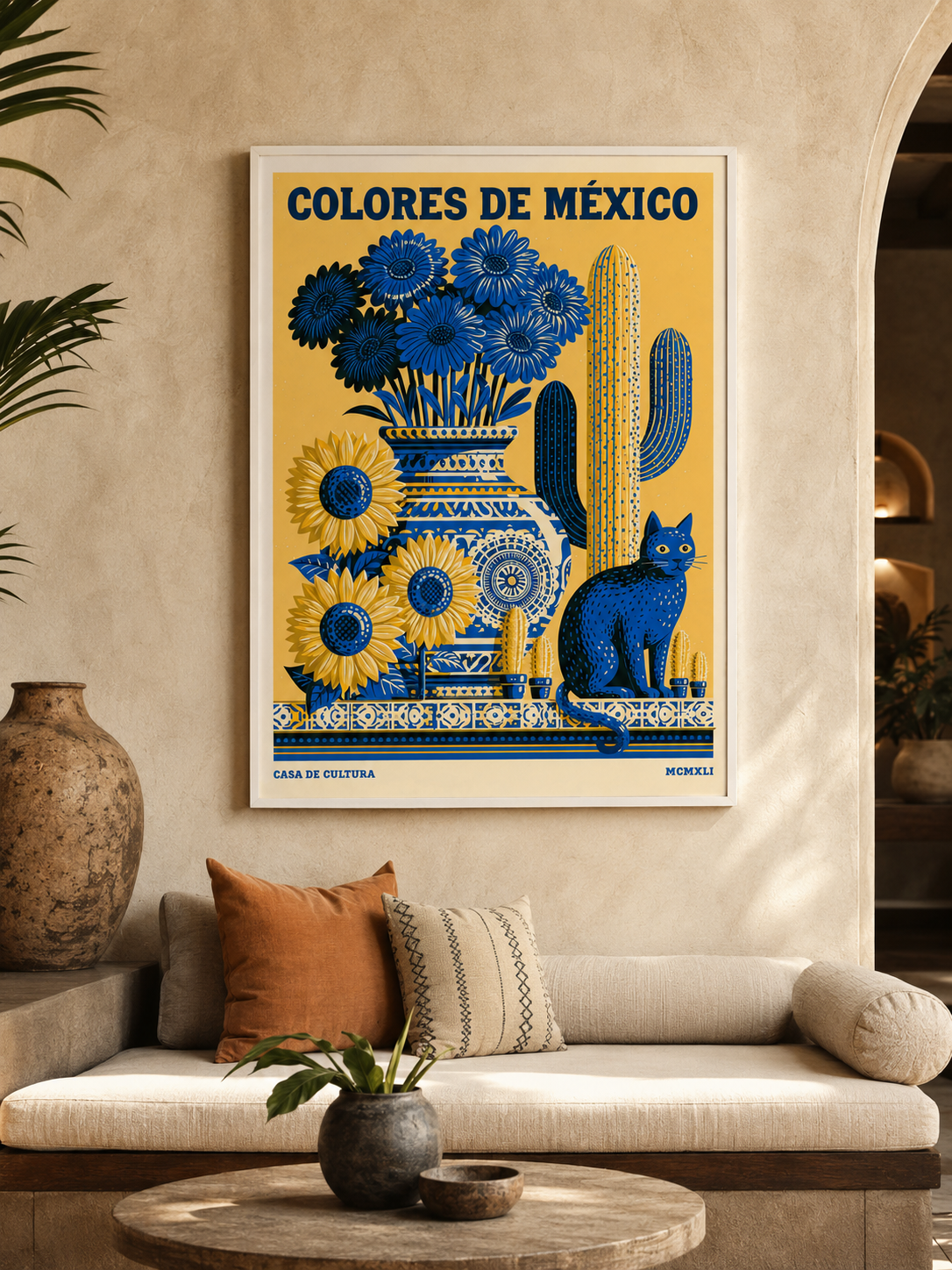 Cores do México Póster - Wall Art Decor - lifestyle shot - mexican botanical cat poster, mexican cat wall art