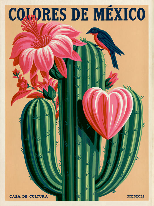 Poster Rétro de Cactus Mexicain - Wall Art Decor - front view - mexican cactus botanical poster, mexican cactus art print
