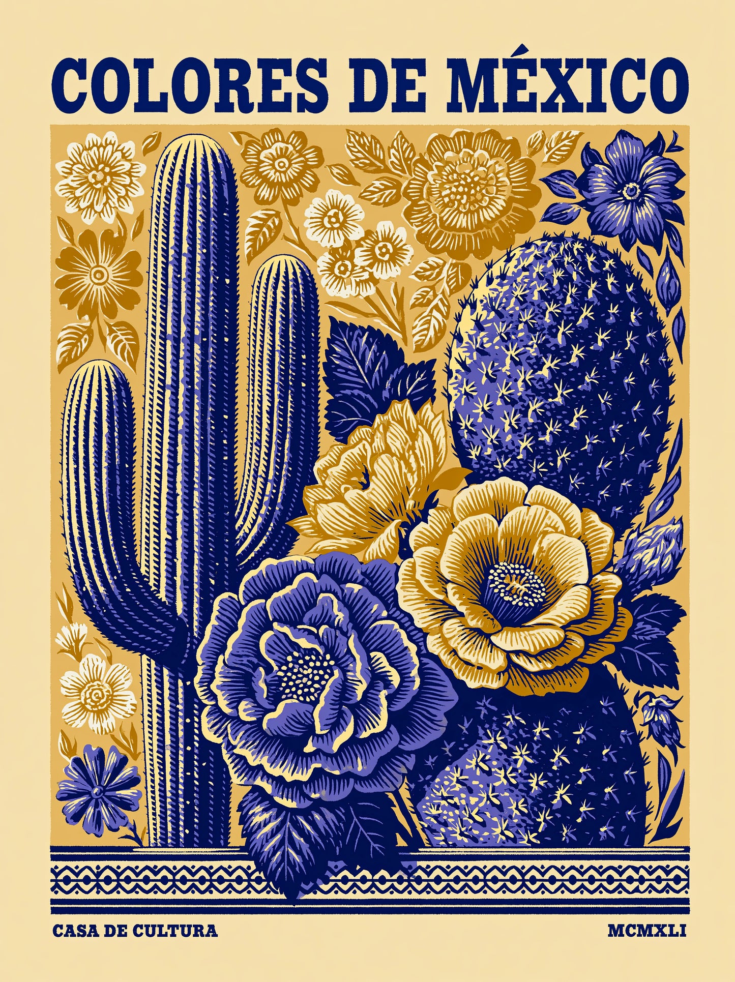 México Botânico Póster - Wall Art Decor - front view - mexican cactus floral poster, mexican botanical art