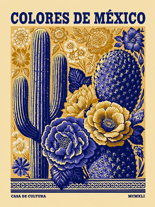 Art Mural de Cactus Mexicain - Wall Art Decor - front view - mexican cactus floral poster, mexican botanical art