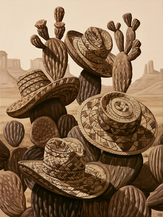 Arte Mural de Cactus con Sombreros - Wall Art Decor - front view - mexican cactus wall art, desert cactus art print