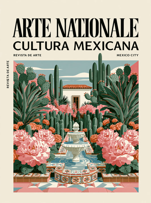 Poster de Jardin Mexicain - Wall Art Decor - front view - mexican courtyard garden poster, mexican garden wall art