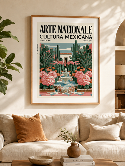 Mexikansk Botanisk Poster - Wall Art Decor - detail view - mexican courtyard garden poster, mexican garden wall art