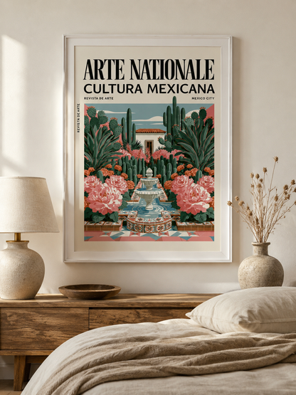 Mexikansk Botanisk Poster - Wall Art Decor - lifestyle shot - mexican courtyard garden poster, mexican garden wall art