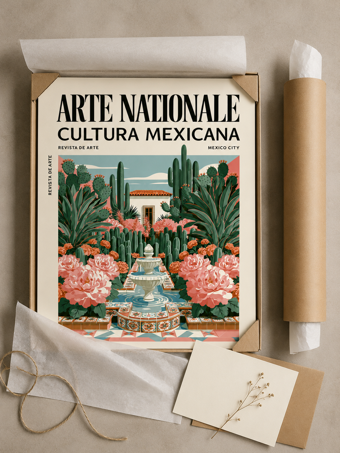 Mexikansk Botanisk Poster - Wall Art Decor - detail view - mexican courtyard garden poster, mexican garden wall art