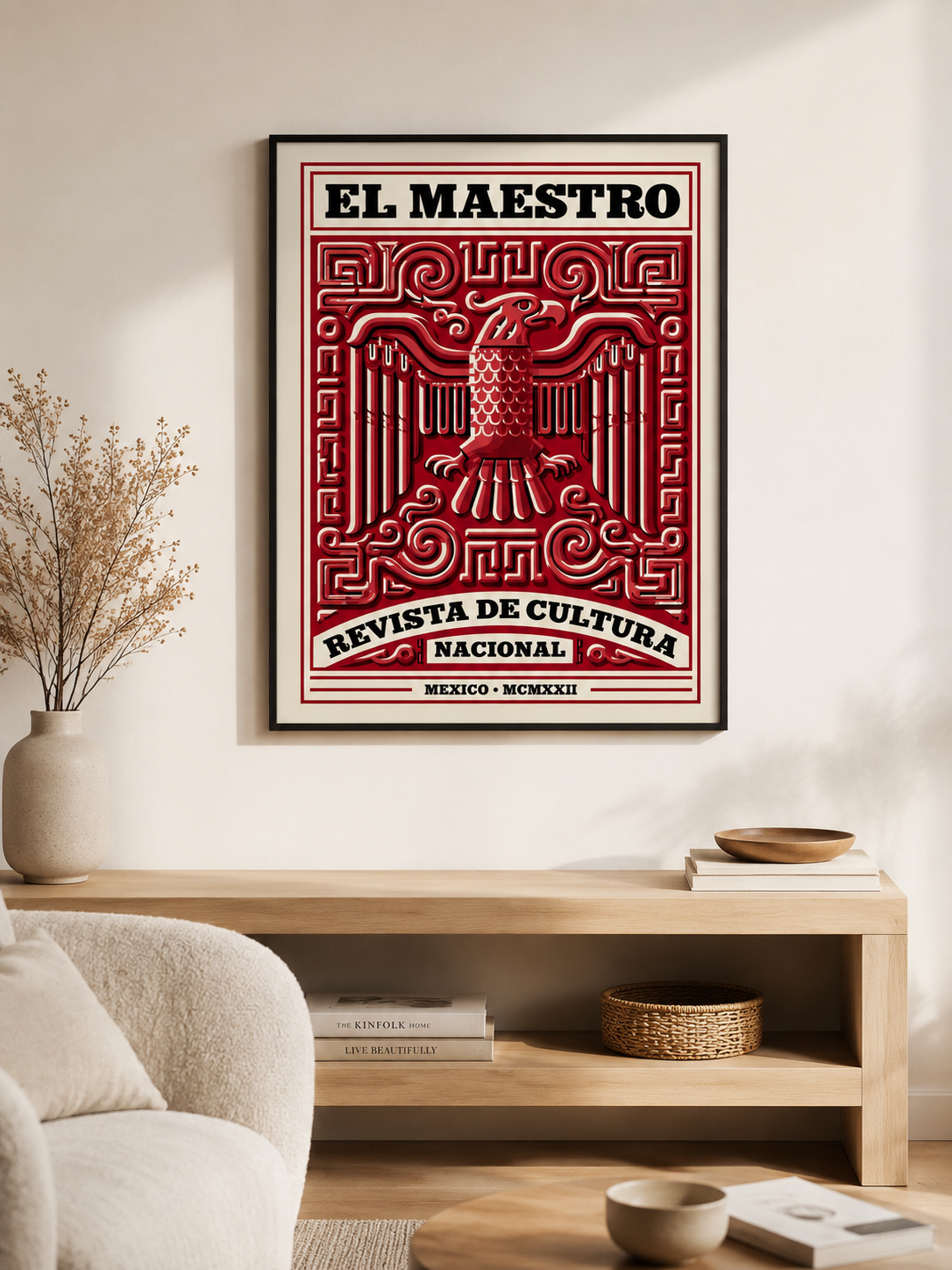 El Maestro México Póster - Wall Art Decor - detail view - mexican eagle vintage poster, red mexican wall art