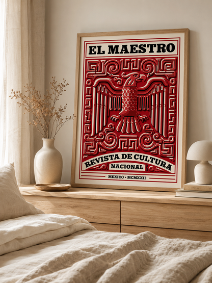 El Maestro México Póster - Wall Art Decor - lifestyle shot - mexican eagle vintage poster, red mexican wall art