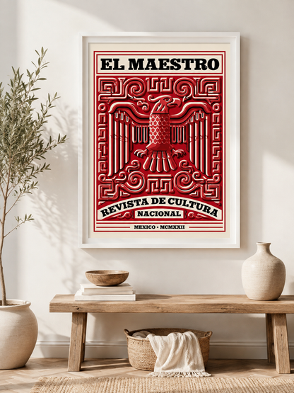 El Maestro México Póster - Wall Art Decor - close-up - mexican eagle vintage poster, red mexican wall art