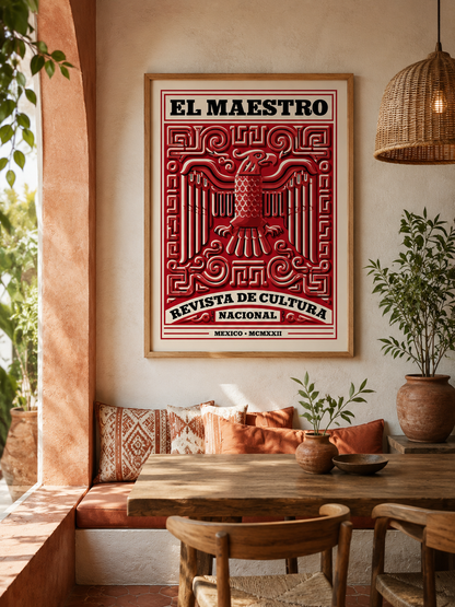 El Maestro México Póster - Wall Art Decor - packaging - mexican eagle vintage poster, red mexican wall art