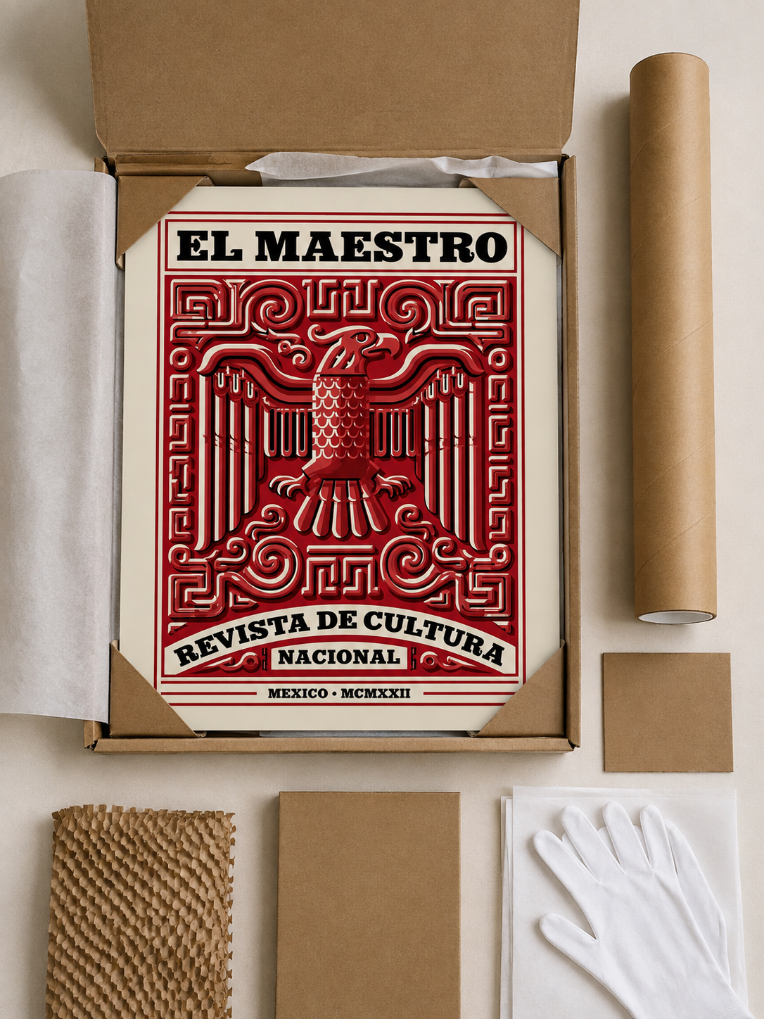 El Maestro México Póster - Wall Art Decor - detail view - mexican eagle vintage poster, red mexican wall art