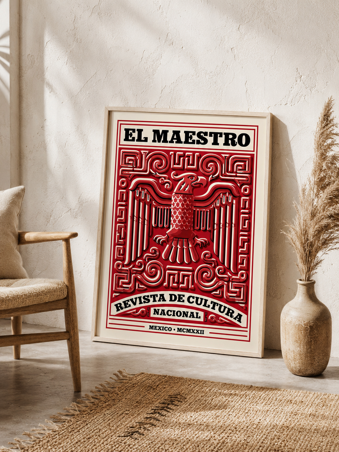 El Maestro México Póster - Wall Art Decor - lifestyle shot - mexican eagle vintage poster, red mexican wall art