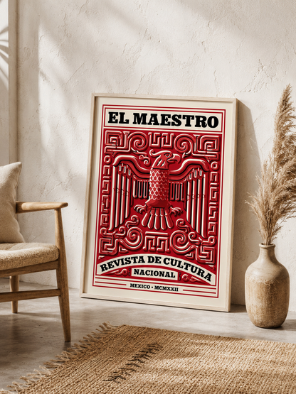 El Maestro México Póster - Wall Art Decor - lifestyle shot - mexican eagle vintage poster, red mexican wall art