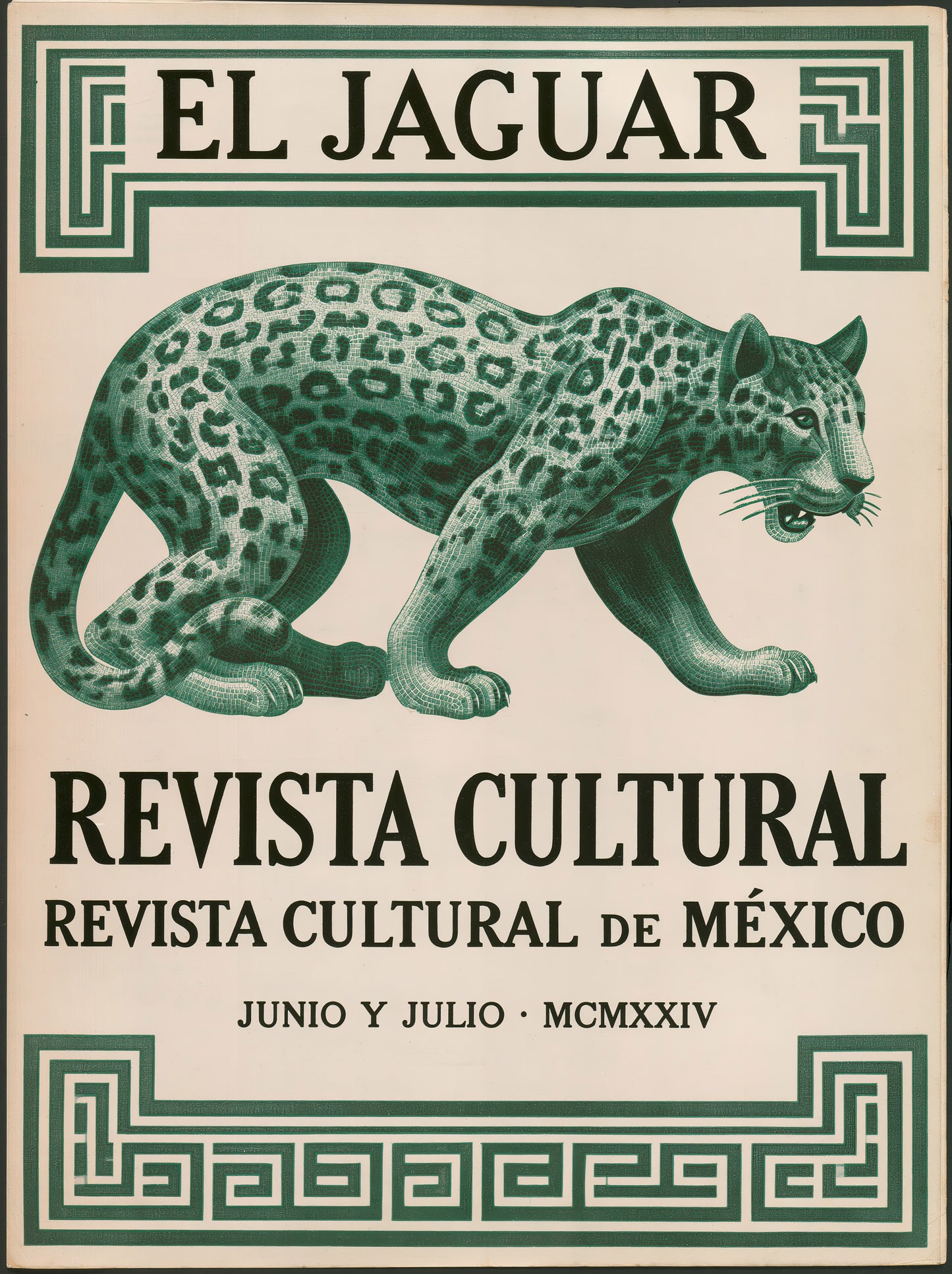 Jaguar Mexicano Póster - Wall Art Decor - front view - mexican jaguar vintage poster, green jaguar wall art