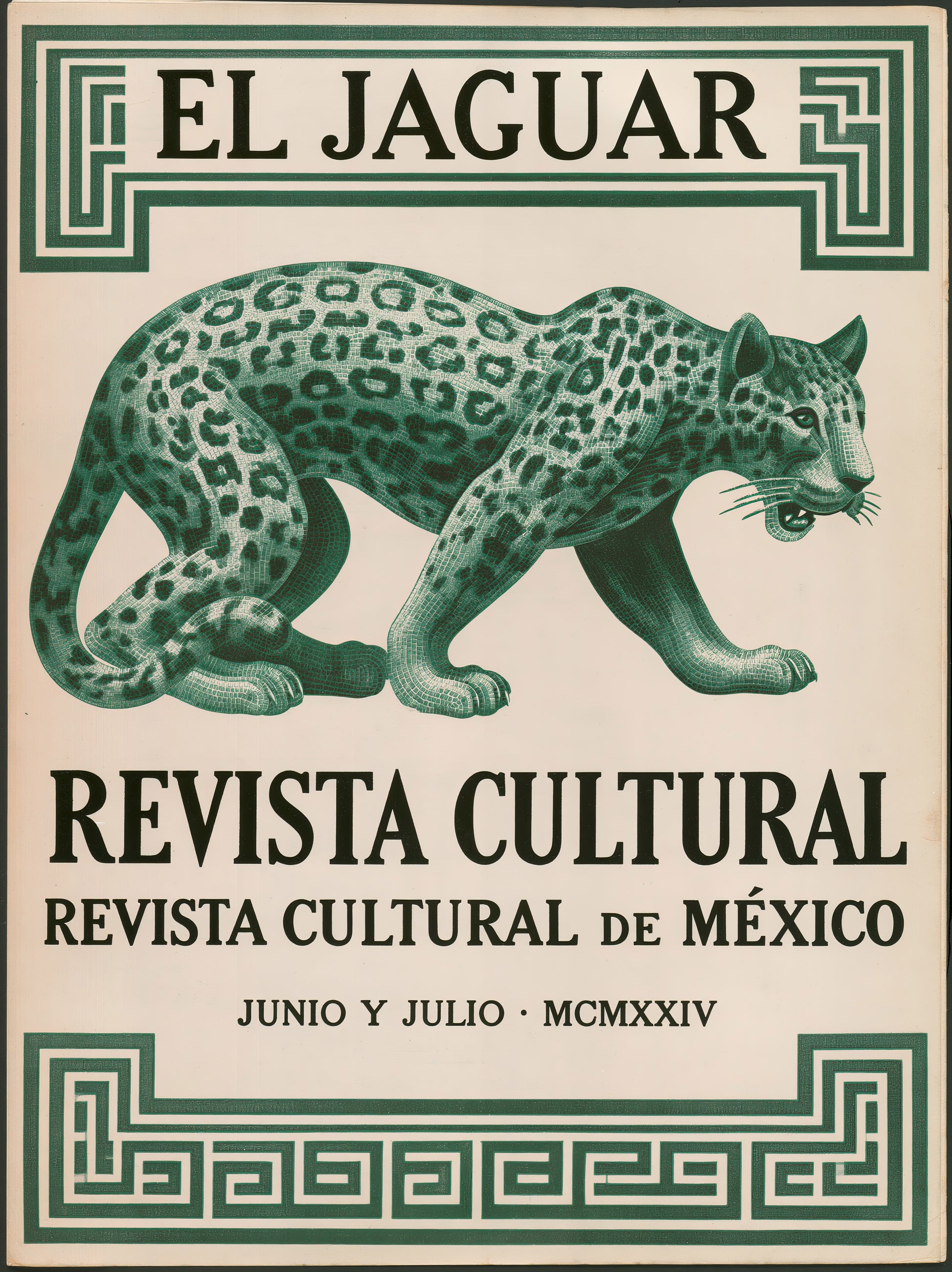 Jaguar Mexicano Póster - Wall Art Decor - front view - mexican jaguar vintage poster, green jaguar wall art