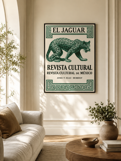 Jaguar Mexicano Póster - Wall Art Decor - detail view - mexican jaguar vintage poster, green jaguar wall art