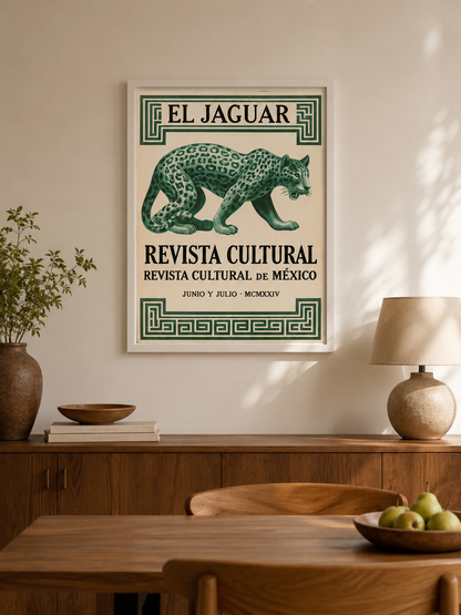Jaguar Mexicano Póster - Wall Art Decor - close-up - mexican jaguar vintage poster, green jaguar wall art