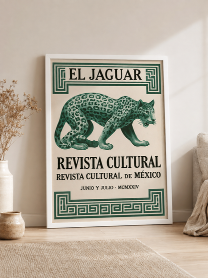 Jaguar Mexicano Póster - Wall Art Decor - front view - mexican jaguar vintage poster, green jaguar wall art