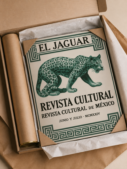 Jaguar Mexicano Póster - Wall Art Decor - lifestyle shot - mexican jaguar vintage poster, green jaguar wall art