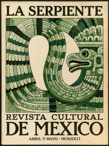 Aztecki Wąż Vintage Plakat - Wall Art Decor - front view - mexican serpent vintage poster, green mexican wall art