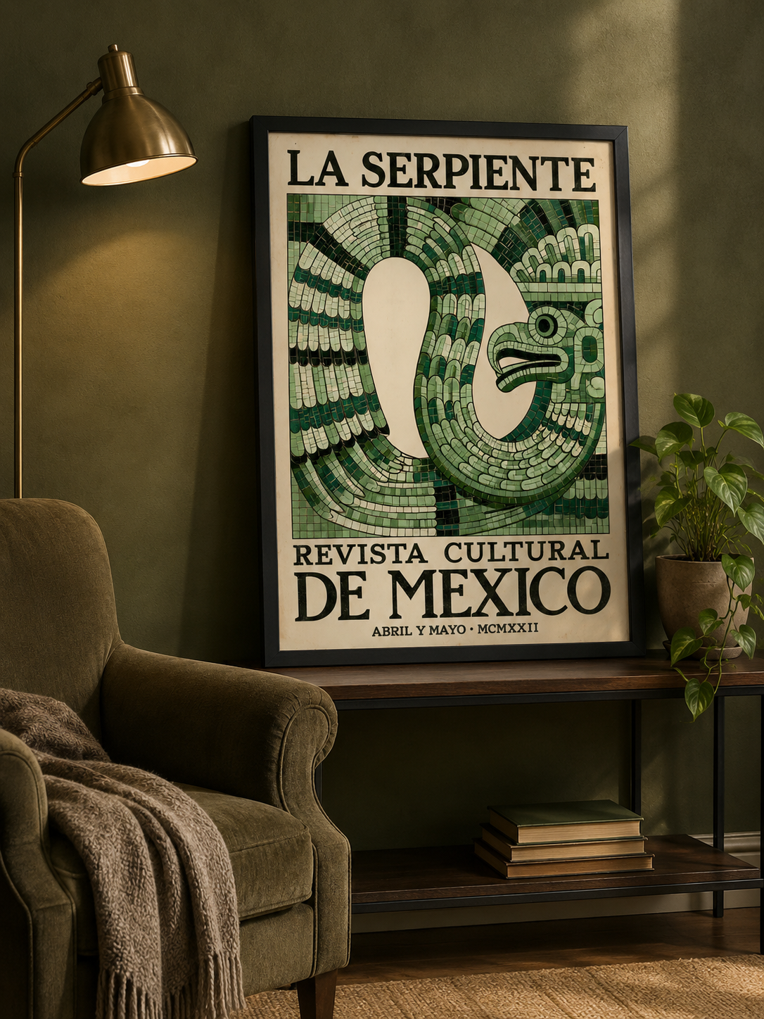 Aztecki Wąż Vintage Plakat - Wall Art Decor - close-up - mexican serpent vintage poster, green mexican wall art