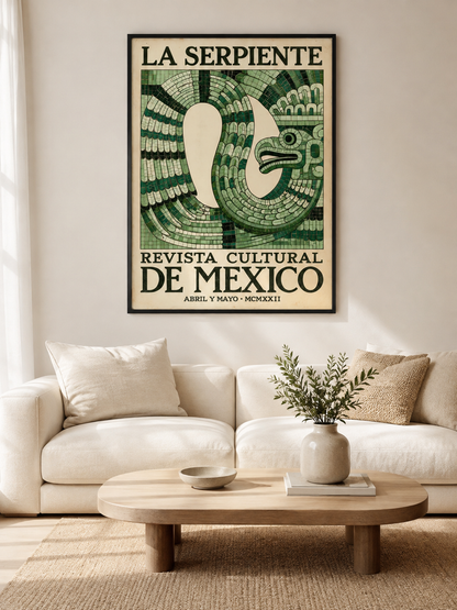 Aztecki Wąż Vintage Plakat - Wall Art Decor - detail view - mexican serpent vintage poster, green mexican wall art