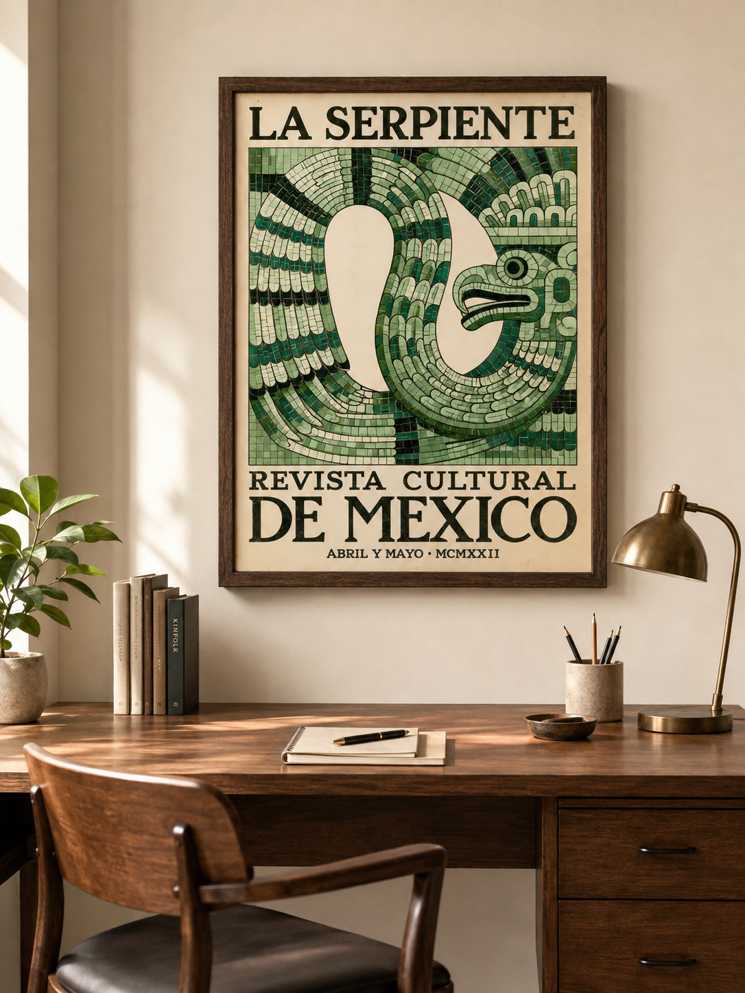 Aztecki Wąż Vintage Plakat - Wall Art Decor - lifestyle shot - mexican serpent vintage poster, green mexican wall art
