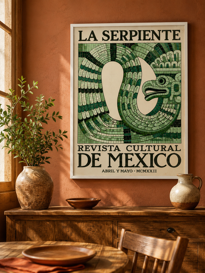 Aztecki Wąż Vintage Plakat - Wall Art Decor - close-up - mexican serpent vintage poster, green mexican wall art