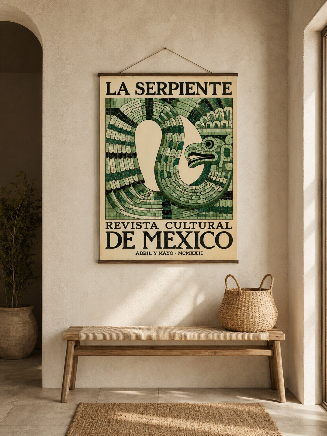 Aztecki Wąż Vintage Plakat - Wall Art Decor - alternate angle - mexican serpent vintage poster, green mexican wall art