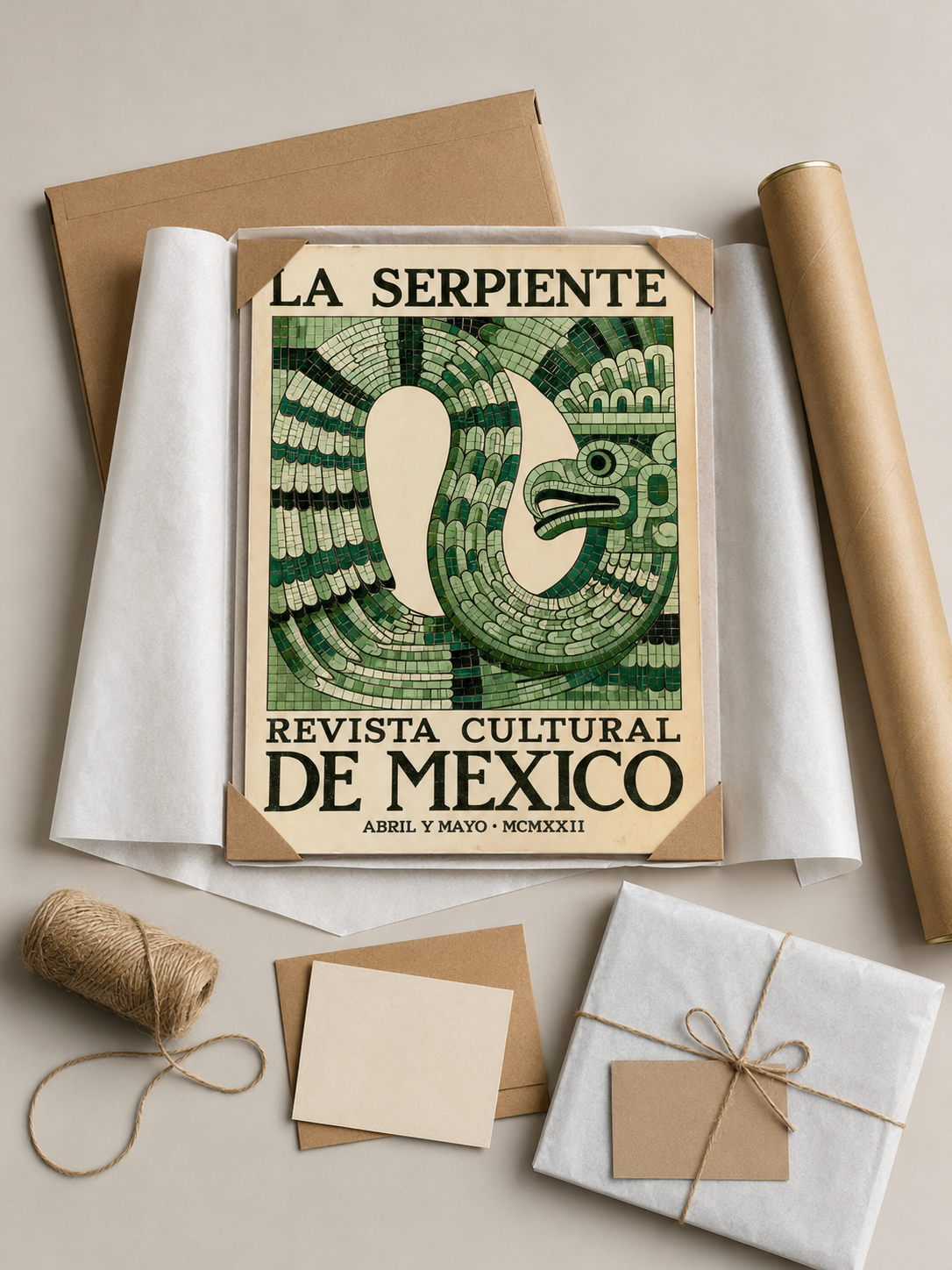 Aztecki Wąż Vintage Plakat - Wall Art Decor - packaging - mexican serpent vintage poster, green mexican wall art
