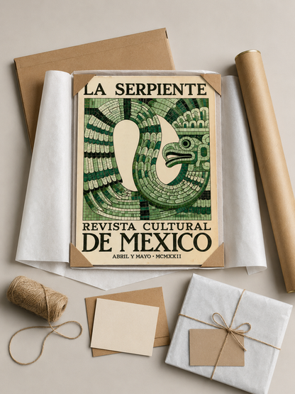 Aztecki Wąż Vintage Plakat - Wall Art Decor - packaging - mexican serpent vintage poster, green mexican wall art