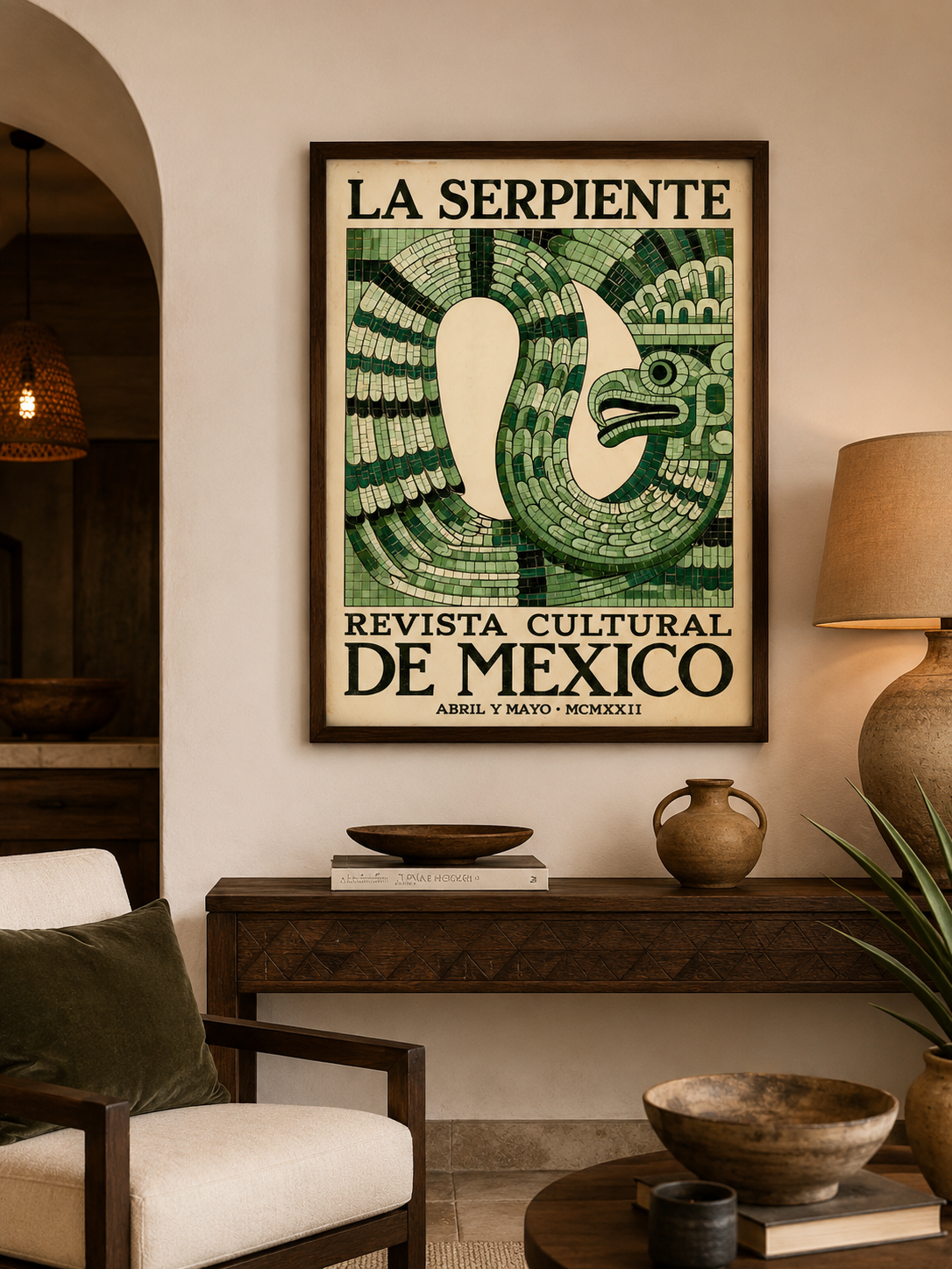 Aztecki Wąż Vintage Plakat - Wall Art Decor - front view - mexican serpent vintage poster, green mexican wall art