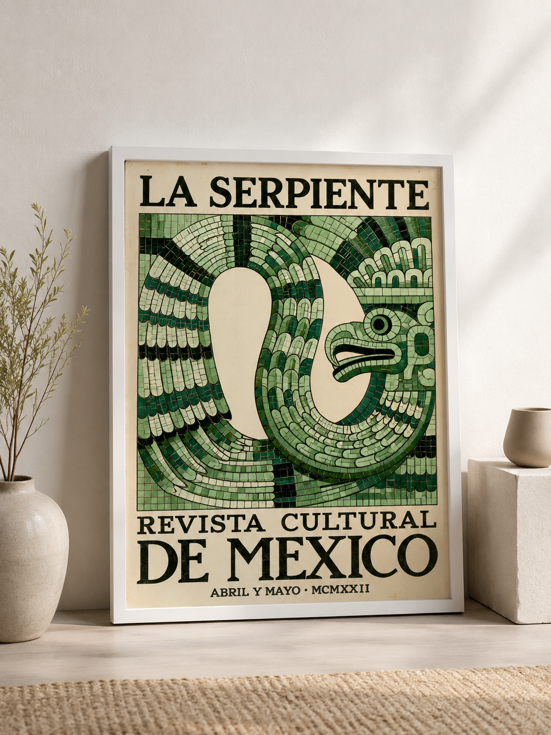 Aztecki Wąż Vintage Plakat - Wall Art Decor - detail view - mexican serpent vintage poster, green mexican wall art