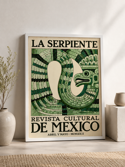 Aztecki Wąż Vintage Plakat - Wall Art Decor - detail view - mexican serpent vintage poster, green mexican wall art