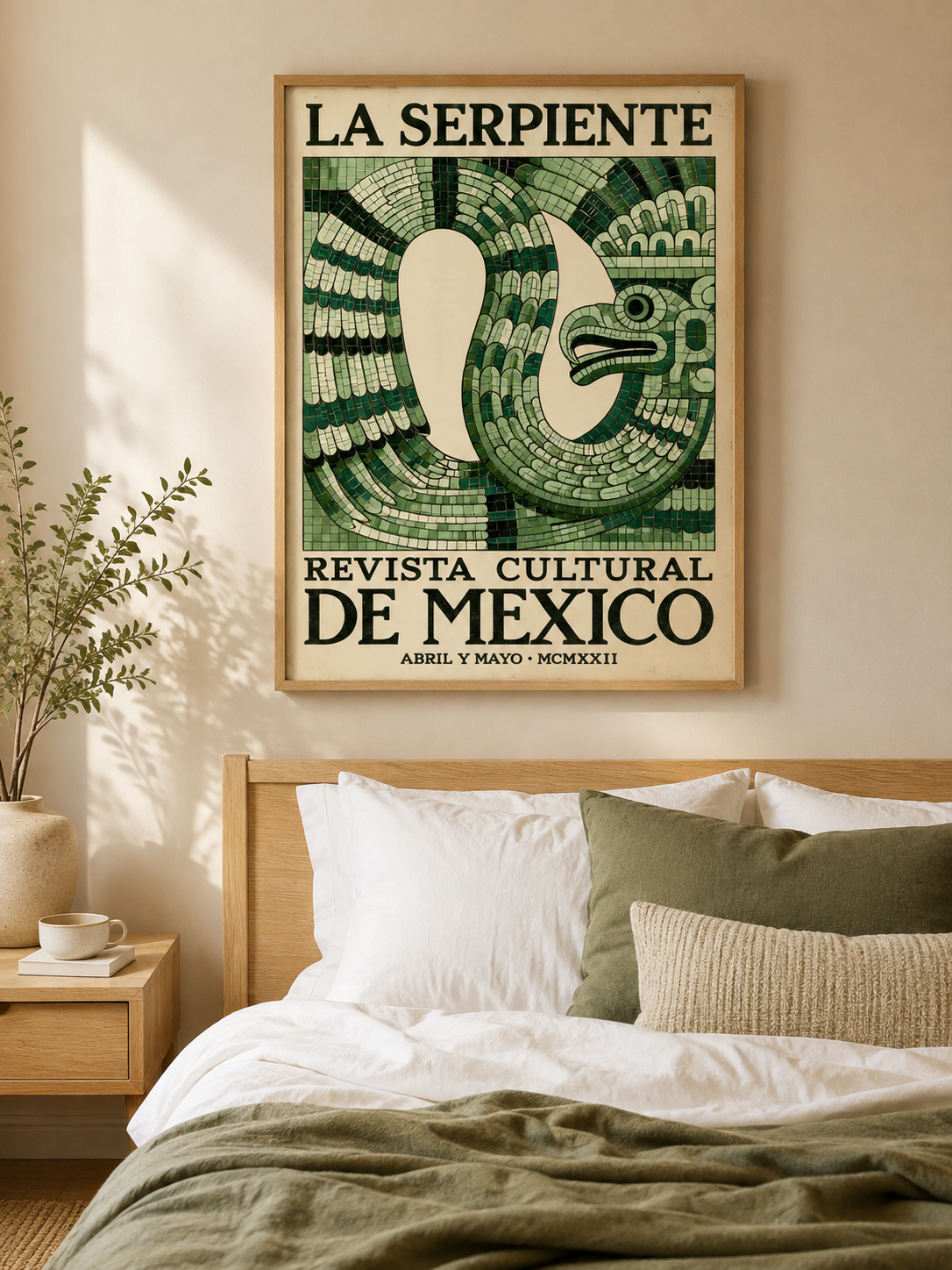 Aztecki Wąż Vintage Plakat - Wall Art Decor - lifestyle shot - mexican serpent vintage poster, green mexican wall art