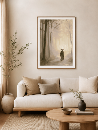 Misty Forest Path Poster - Wall Art Decor - detail view - misty forest art print, sepia forest poster