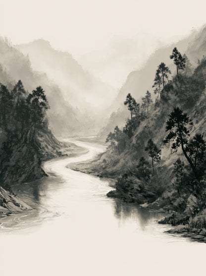 Misty Mountain River Wall Art - Wall Art Decor - front view - misty mountain art print, neutral landscape poster