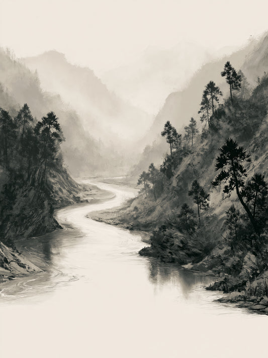 Misty Mountain River Wall Art - Wall Art Decor - front view - misty mountain art print, neutral landscape poster