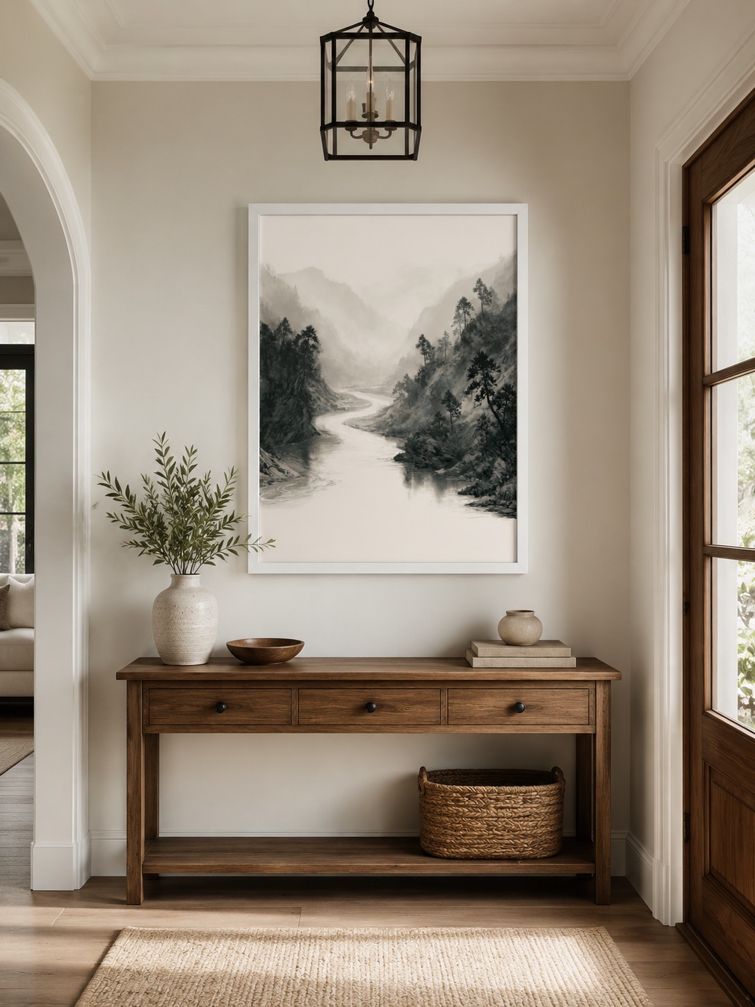 Misty Mountain River Wall Art - Wall Art Decor - close-up - misty mountain art print, neutral landscape poster
