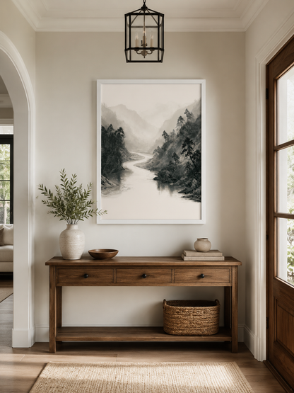 Misty Mountain River Wall Art - Wall Art Decor - close-up - misty mountain art print, neutral landscape poster