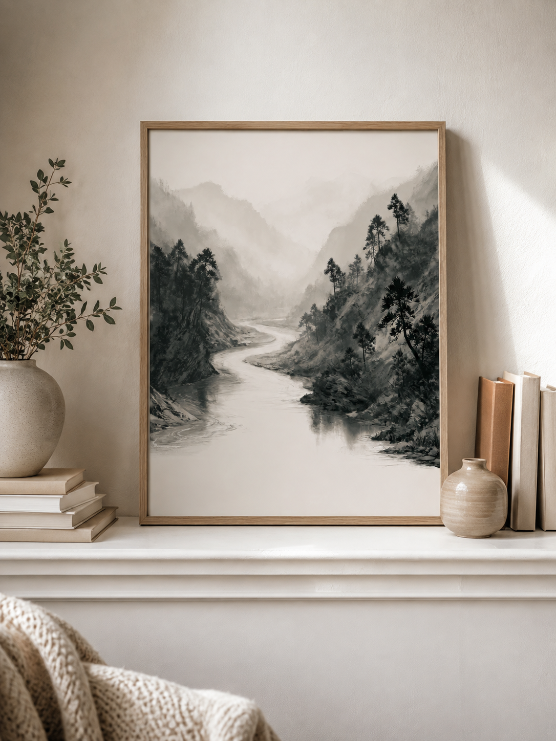 Misty Mountain River Wall Art - Wall Art Decor - alternate angle - misty mountain art print, neutral landscape poster