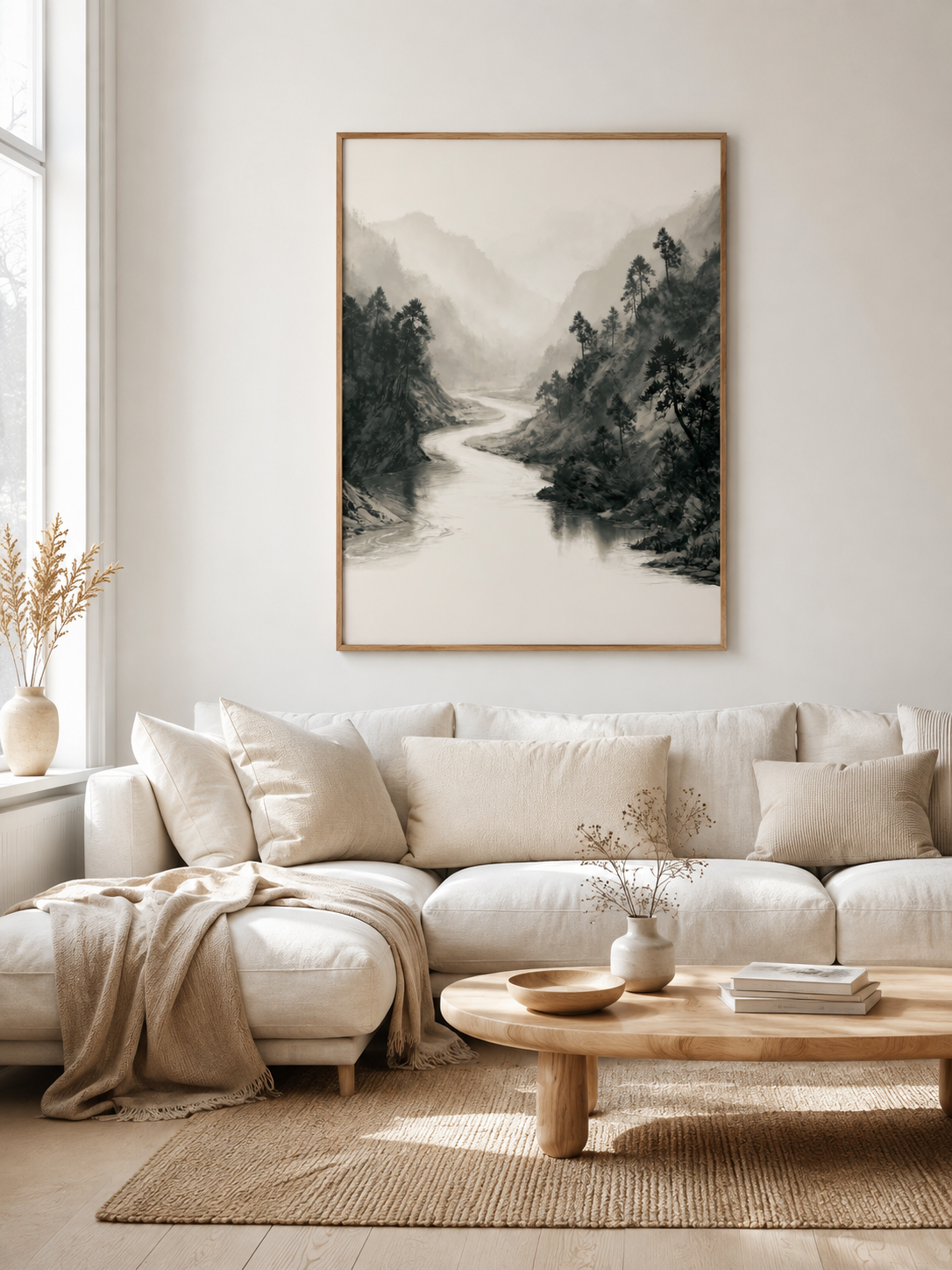 Misty Mountain River Wall Art - Wall Art Decor - detail view - misty mountain art print, neutral landscape poster