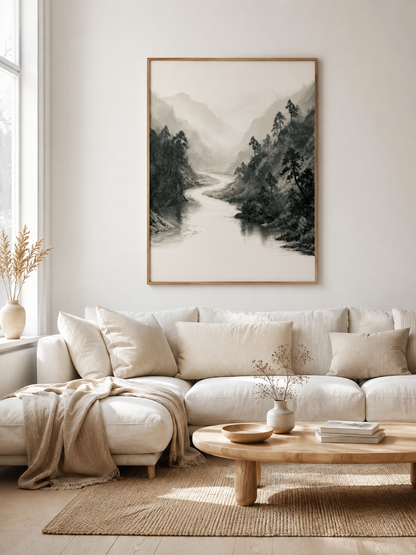 Misty Mountain River Wall Art - Wall Art Decor - detail view - misty mountain art print, neutral landscape poster